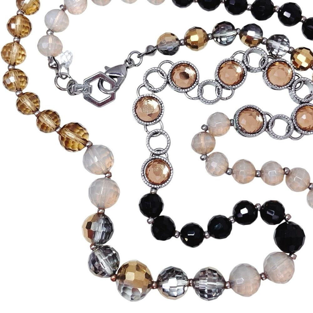 Glass Bead Long Necklace 37" Silver Tone Champagne Crystals